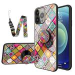 Painted Ethnic Pattern Tempered Glass + TPU Shockproof Case with Folding Magnetic Holder & Neck Strap For iPhone 13 Pro(Colorful)
