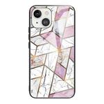 For iPhone 13 Abstract Marble Pattern Glass Protective Case(Rhombus White Purple)