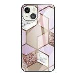For iPhone 13 Abstract Marble Pattern Glass Protective Case(Rhombus Orange Purple)