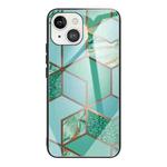 For iPhone 13 mini Abstract Marble Pattern Glass Protective Case (Rhombus Green)