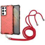 For Samsung Galaxy S21 Ultra 5G Shockproof Honeycomb PC + TPU Case with Neck Lanyard(Red)