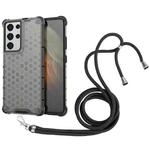 For Samsung Galaxy S21 Ultra 5G Shockproof Honeycomb PC + TPU Case with Neck Lanyard(Black)