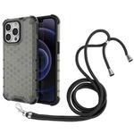 For iPhone 13 Pro Shockproof Honeycomb PC + TPU Case with Neck Lanyard (Black)