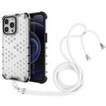 For iPhone 13 Pro Shockproof Honeycomb PC + TPU Case with Neck Lanyard (White)