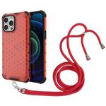 For iPhone 13 Pro Max Shockproof Honeycomb PC + TPU Case with Neck Lanyard (Red)