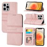 For iPhone 13 Pro Embossed Striped Magnetic Buckle PU + TPU Horizontal Flip Leather Case with Holder & Card Slot & Wallet & Photo Frame & Sling (Pink)