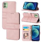 For iPhone 11 Embossed Striped Magnetic Buckle PU + TPU Horizontal Flip Leather Case with Holder & Card Slot & Wallet & Photo Frame & Sling (Pink)