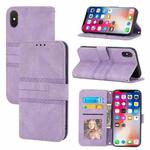 For iPhone XS Max Embossed Striped Magnetic Buckle PU + TPU Horizontal Flip Leather Case with Holder & Card Slot & Wallet & Photo Frame & Sling(Purple)