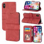 For iPhone XR Embossed Striped Magnetic Buckle PU + TPU Horizontal Flip Leather Case with Holder & Card Slot & Wallet & Photo Frame & Sling(Red)