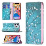 For iPhone 13 Pro Colored Drawing Pattern Invisible Magnetic Horizontal Flip PU Leather Case with Holder & Card Slots & Wallet (Plum Blossom)