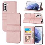 For Samsung Galaxy S21 FE Embossed Striped Magnetic Buckle PU + TPU Horizontal Flip Leather Case with Holder & Card Slot & Wallet & Photo Frame & Sling(Pink)
