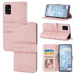 For Samsung Galaxy A51 Embossed Striped Magnetic Buckle PU + TPU Horizontal Flip Leather Case with Holder & Card Slot & Wallet & Photo Frame & Sling(Pink)