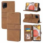 For Samsung Galaxy A12 5G Embossed Striped Magnetic Buckle PU + TPU Horizontal Flip Leather Case with Holder & Card Slot & Wallet & Photo Frame & Sling(Brown)