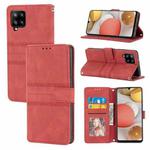 For Samsung Galaxy A22 4G Embossed Striped Magnetic Buckle PU + TPU Horizontal Flip Leather Case with Holder & Card Slot & Wallet & Photo Frame & Sling(Red)