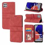 For Samsung Galaxy A22 5G Embossed Striped Magnetic Buckle PU + TPU Horizontal Flip Leather Case with Holder & Card Slot & Wallet & Photo Frame & Sling(Red)