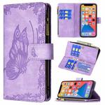 For iPhone 13 mini Flying Butterfly Embossing Pattern Zipper Horizontal Flip Leather Case with Holder & Card Slots & Wallet (Purple)