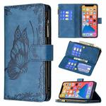 For iPhone 13 Pro Flying Butterfly Embossing Pattern Zipper Horizontal Flip Leather Case with Holder & Card Slots & Wallet (Blue)