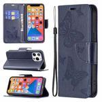 For iPhone 13 Pro Embossing Two Butterflies Pattern Horizontal Flip PU Leather Case with Holder & Card Slot & Wallet & Lanyard (Blue)