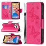 For iPhone 13 Pro Max Embossing Two Butterflies Pattern Horizontal Flip PU Leather Case with Holder & Card Slot & Wallet & Lanyard (Rose Red)