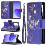 For OPPO Reno6 5G Colored Drawing Pattern Zipper Horizontal Flip Leather Case with Holder & Card Slots & Wallet(Purple Butterfly)