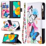 For Samsung Galaxy M32 Colored Drawing Pattern Zipper Horizontal Flip Leather Case with Holder & Card Slots & Wallet(Two Butterflies)
