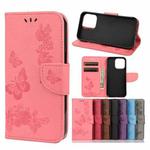 For iPhone 13 mini Vintage Embossed Floral Butterfly Pattern Horizontal Flip Leather Case with Card Slot & Holder & Wallet & Lanyard (Pink)