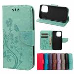 For iPhone 13 Butterfly Flower Pattern Horizontal Flip Leather Case with Holder & Card Slots & Wallet(Green)