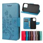 For iPhone 13 Pro Butterfly Flower Pattern Horizontal Flip Leather Case with Holder & Card Slots & Wallet (Blue)