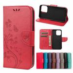 For iPhone 13 Pro Max Butterfly Flower Pattern Horizontal Flip Leather Case with Holder & Card Slots & Wallet (Red)