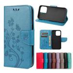 For iPhone 13 Pro Max Butterfly Flower Pattern Horizontal Flip Leather Case with Holder & Card Slots & Wallet (Blue)