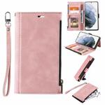 For Samsung Galaxy Note20 Ultra Side Zipper Back Card Horizontal Flip PU Leather Case with Card Slots & Wallet & Photo Frame & Lanyard(Pink)