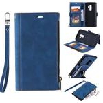 For Samsung Galaxy S9 Side Zipper Back Card Horizontal Flip PU Leather Case with Card Slots & Wallet & Photo Frame & Lanyard(Blue)