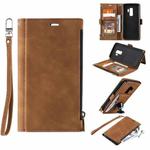 For Samsung Galaxy S9 Side Zipper Back Card Horizontal Flip PU Leather Case with Card Slots & Wallet & Photo Frame & Lanyard(Brown)