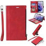 For Samsung Galaxy S21 5G Side Zipper Back Card Horizontal Flip PU Leather Case with Card Slots & Wallet & Photo Frame & Lanyard(Red)