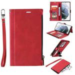 For Samsung Galaxy S21 Ultra 5G Side Zipper Back Card Horizontal Flip PU Leather Case with Card Slots & Wallet & Photo Frame & Lanyard(Red)