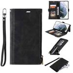 For Samsung Galaxy S21 Ultra 5G Side Zipper Back Card Horizontal Flip PU Leather Case with Card Slots & Wallet & Photo Frame & Lanyard(Black)