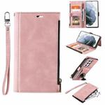 For Samsung Galaxy S21 Ultra 5G Side Zipper Back Card Horizontal Flip PU Leather Case with Card Slots & Wallet & Photo Frame & Lanyard(Pink)