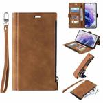 For Samsung Galaxy S21+ 5G Side Zipper Back Card Horizontal Flip PU Leather Case with Card Slots & Wallet & Photo Frame & Lanyard(Brown)