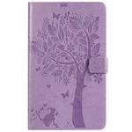 For Galaxy Tab A 8.0 (2019) T295/T290 Pressed Printing Cat and Tree Pattern Horizontal Flip Leather Case with Holder & Card Slots & Wallet(Purple)