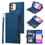 For iPhone 12 / 12 Pro Side Zipper Back Card Horizontal Flip PU Leather Case with Card Slots & Wallet & Photo Frame & Lanyard(Blue)