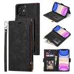 For iPhone 12 / 12 Pro Side Zipper Back Card Horizontal Flip PU Leather Case with Card Slots & Wallet & Photo Frame & Lanyard(Black)