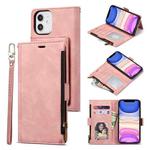 For iPhone 12 / 12 Pro Side Zipper Back Card Horizontal Flip PU Leather Case with Card Slots & Wallet & Photo Frame & Lanyard(Pink)