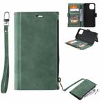 For iPhone 12 Pro Max Side Zipper Back Card Horizontal Flip PU Leather Case with Card Slots & Wallet & Photo Frame & Lanyard(Green)