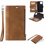 For iPhone 13 Side Zipper Back Card Horizontal Flip PU Leather Case with Card Slots & Wallet & Photo Frame & Lanyard(Brown)