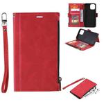 For iPhone 13 Pro Max Side Zipper Back Card Horizontal Flip PU Leather Case with Card Slots & Wallet & Photo Frame & Lanyard (Red)