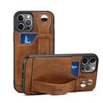 For iPhone 13 Pro TPU + PU Leather Shockproof Protective Case with Card Slots and Hand Strap (Brown)