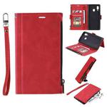 For Samsung Galaxy A20e Side Zipper Back Card Horizontal Flip PU Leather Case with Card Slots & Wallet & Photo Frame & Lanyard(Red)