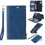 For Samsung Galaxy A32 4G Side Zipper Back Card Horizontal Flip PU Leather Case with Card Slots & Wallet & Photo Frame & Lanyard(Blue)