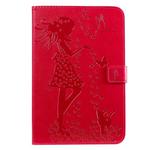 For iPad Mini 2019 & 4 & 3 & 2 & 1 Pressed Printing Woman and Cat Pattern Horizontal Flip Leather Case with Holder & Card Slots & Wallet(Rose Red)