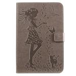For iPad Mini 2019 & 4 & 3 & 2 & 1 Pressed Printing Woman and Cat Pattern Horizontal Flip Leather Case with Holder & Card Slots & Wallet(Grey)